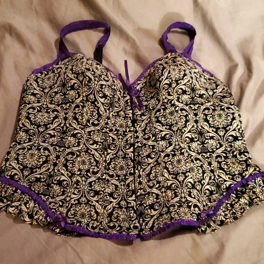 Cacique black and white corset with purple trim